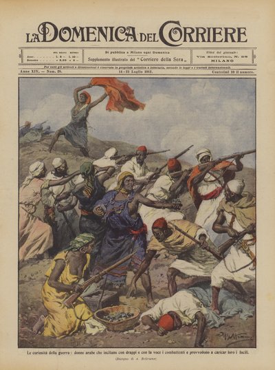 Las curiosidades de la guerra, mujeres árabes que incitan con telas y con la voz a los combatientes de Achille Beltrame