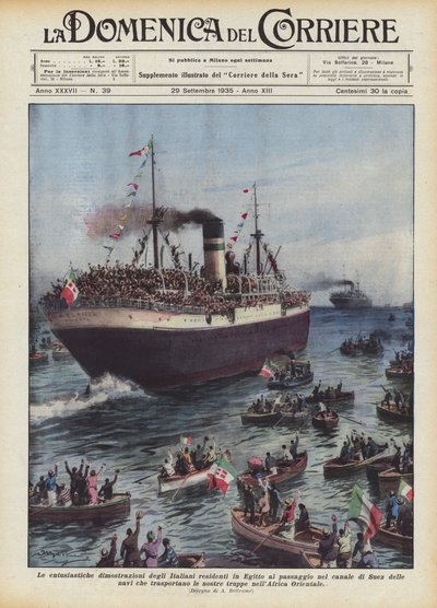 Las entusiastas demostraciones de los italianos residentes en Egipto al pasar por el canal de Suez de Achille Beltrame