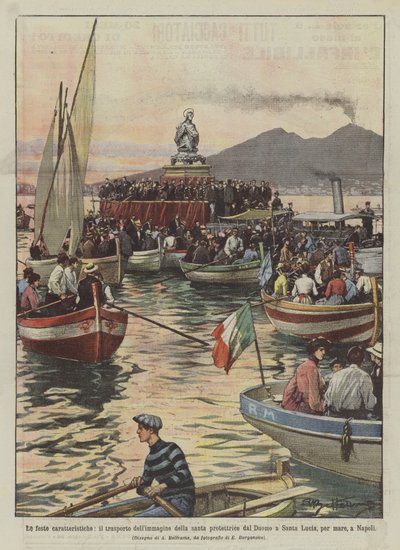 Las fiestas características, el transporte de la imagen de la santa protectora desde la Catedral a Santa de Achille Beltrame