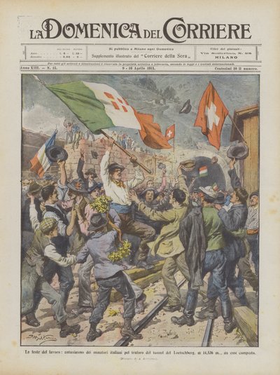 Las fiestas del trabajo, entusiasmo de los mineros italianos por el túnel del Loetschberg de Achille Beltrame
