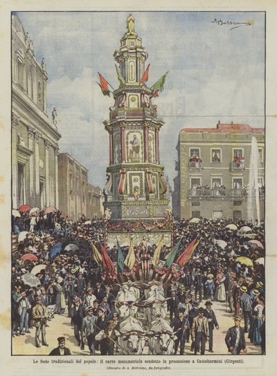 Las fiestas tradicionales del pueblo, el carro monumental conducido en procesión a Casteltermini (Girgenti) de Achille Beltrame