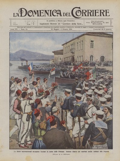 Las flotas internacionales ocupan Scutari en nombre de las Potencias, desembarco festivo de los marineros de Achille Beltrame