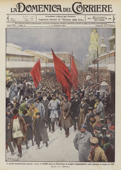 Las grandes manifestaciones obreras, desfile de 100,000 obreros en San Petersburgo en huelga conmemorativa de Achille Beltrame