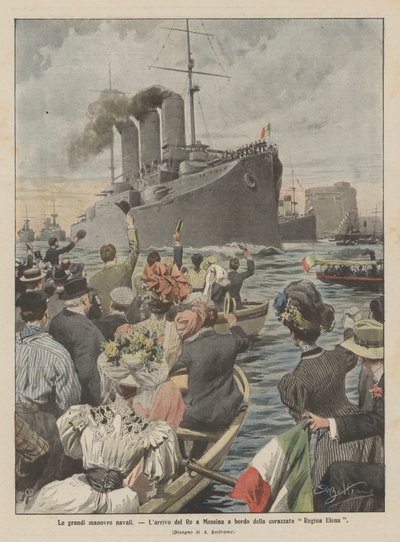 Las grandes maniobras navales, la llegada del Rey a Mesina a bordo del acorazado Regina Elena de Achille Beltrame