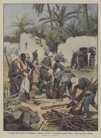 Las trampas de la guerra en Tripolitania, confiscación de rifles y municiones descubiertos dentro de Achille Beltrame