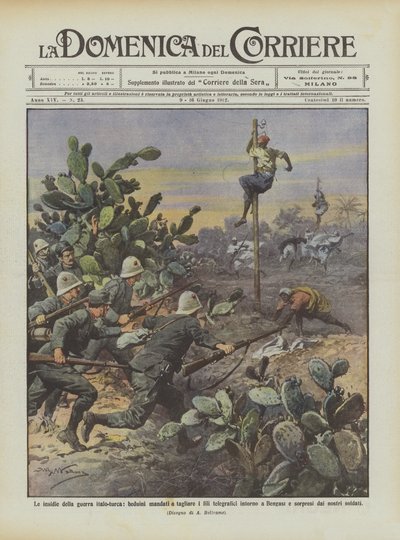 Las trampas de la guerra italo-turca, beduinos enviados a cortar los cables telegráficos alrededor de Achille Beltrame