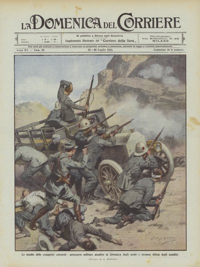 Las trampas de las conquistas coloniales, camión militar atacado en Cirenaica por los árabes de Achille Beltrame
