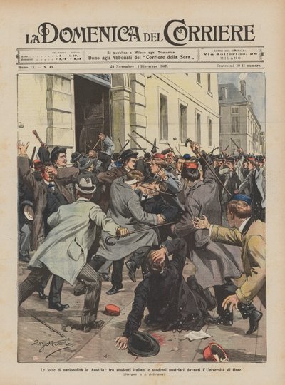 Las luchas de nacionalidad en Austria, entre estudiantes italianos y austriacos frente a la Universidad de Graz de Achille Beltrame