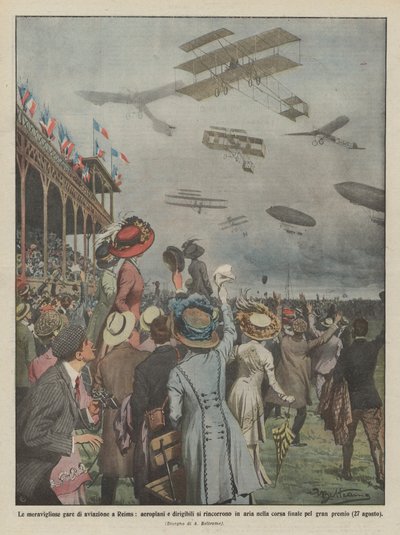 Las maravillosas competiciones de aviación en Reims, aviones y dirigibles compiten en el aire de Achille Beltrame