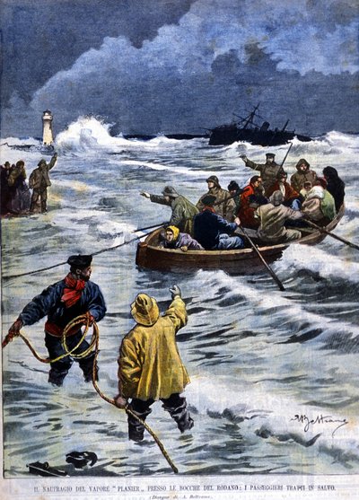 El naufragio del barco de vapor Planier cerca de las bocas del Ródano: los rescates traen a los pasajeros (Ilustración de Beltrame, La Domenica del Corriere, 1901) de Achille Beltrame