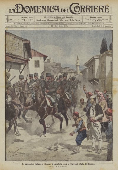 Las ocupaciones italianas en Albania, la caballería entra en Giorgucati (Valle del Drynos) de Achille Beltrame
