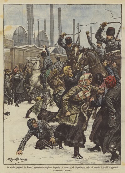 Las revueltas populares en Rusia, obreras que quieren impedir a los cosacos dispersar a tiros de Achille Beltrame