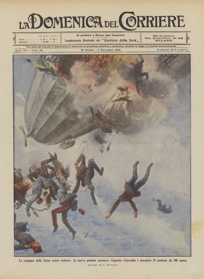 Las desgracias de la flota aérea alemana, el nuevo y poderoso dirigible Zeppelin se incendia y cae de Achille Beltrame