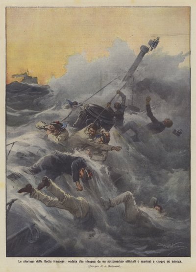 Las desgracias de la flota francesa, ola que arranca de un submarino a oficiales y marineros y ahoga a cinco de Achille Beltrame