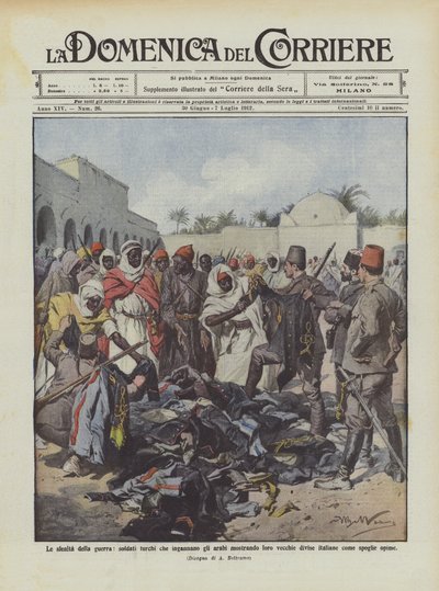 Las deslealtades de la guerra, soldados turcos que engañan a los árabes mostrando uniformes viejos de Achille Beltrame