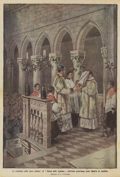 Las tradiciones de las tierras redimidas, la Misa del Espadón celebrada este año en la Basílica de Aquileia de Achille Beltrame