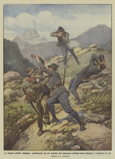 Las tragedias en alta montaña, guardabosques que para arrestar a dos cazadores furtivos en los Alpes Setsch de Achille Beltrame