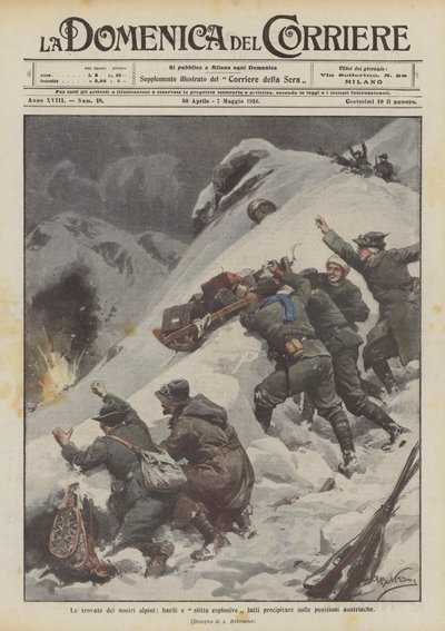 Las invenciones de nuestros alpinos, barriles y trineos explosivos lanzados sobre las posiciones austriacas de Achille Beltrame
