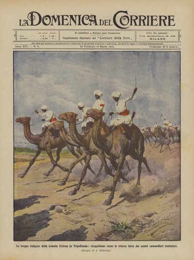 Las tropas indígenas de la Colonia Eritrea en Tripolitania, reconocimiento hacia las trincheras hecho por de Achille Beltrame