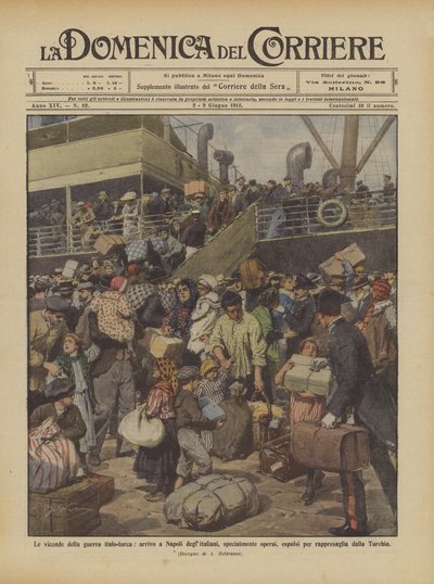 Los eventos de la guerra italo-turca, llegada a Nápoles de los italianos, especialmente obreros de Achille Beltrame