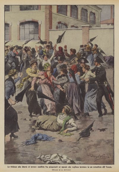 Las violencias a la libertad de trabajo, conflicto entre huelguistas y obreras que quieren trabajar de Achille Beltrame