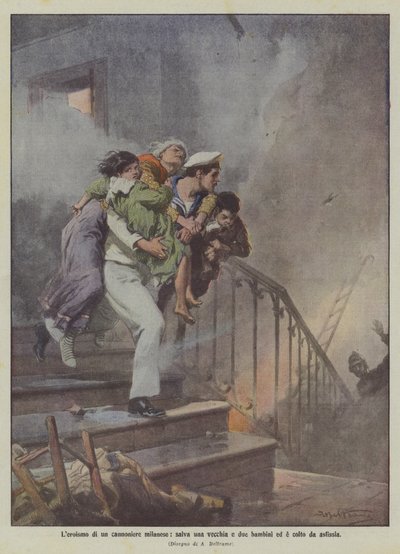 El heroísmo de un artillero milanés, salva a una anciana y dos niños y es alcanzado por la asfixia de Achille Beltrame