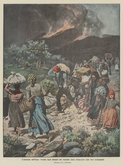 La erupción del Etna, el éxodo de los habitantes del lado etneo amenazado por las lavas avanzantes de Achille Beltrame