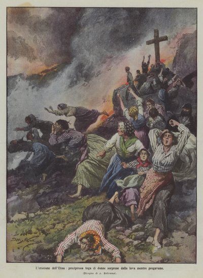 La erupción del Etna, huida precipitada de mujeres sorprendidas por la lava mientras rezaban de Achille Beltrame