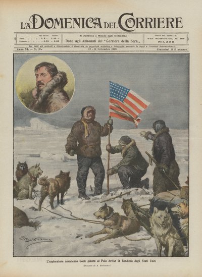 El explorador americano Cook planta la bandera de los Estados Unidos en el Polo Ártico de Achille Beltrame