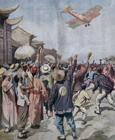 Teniente Arturo Ferrarin, participante en la incursión Roma-Tokio, llegando sobre el cielo de Shanghái, ilustración por Achille Beltrame de La Domenica del Corriere, 16 de mayo de Achille Beltrame