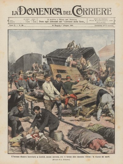 El inmenso desastre ferroviario en Contich, cerca de Amberes, con más de doscientas víctimas, la búsqueda de los muertos de Achille Beltrame