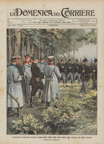El emperador de Alemania durante las cacerías estudia el efecto de los uniformes italianos de Achille Beltrame