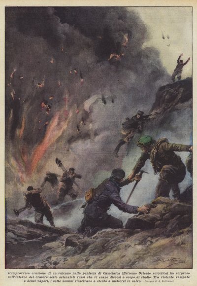 La repentina erupción de un volcán en la península de Kamchatka (Extremo Oriente soviético) de Achille Beltrame