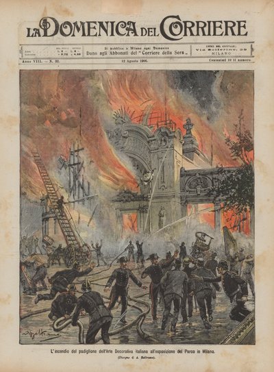 El incendio del pabellón del Arte Decorativo italiano en la exposición del Parque en Milán de Achille Beltrame