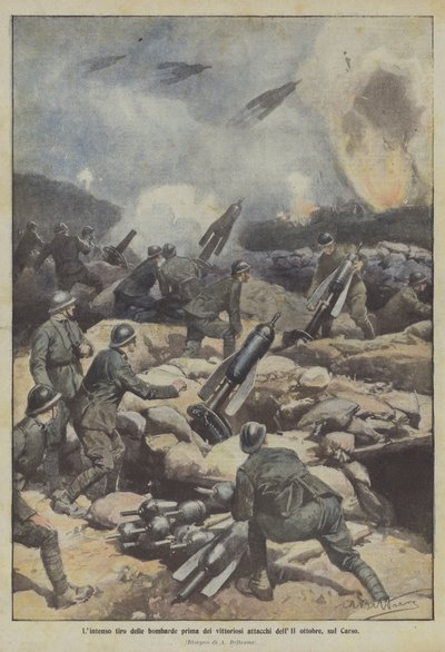 El intenso fuego de las bombardas antes de los victoriosos ataques del 11 de octubre, en el Carso de Achille Beltrame