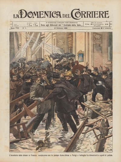 El inventario de las iglesias en Francia, inundación con las bombas de una iglesia en París y batalla de Achille Beltrame