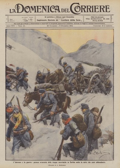 El invierno y la guerra, penosa avanzada de las tropas austriacas en Serbia bajo la nieve abundante de Achille Beltrame