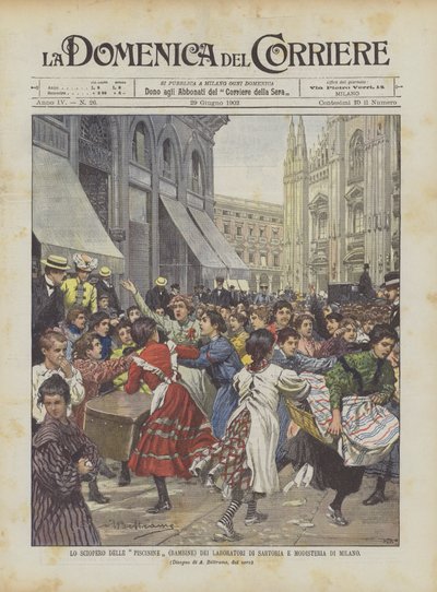 La huelga de las niñas (bambine) de los talleres de sastrería y sombrerería de Milán de Achille Beltrame