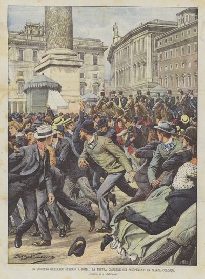 La huelga general de trabajadores en Roma, las tropas dispersan a los huelguistas en la Plaza Colonna de Achille Beltrame