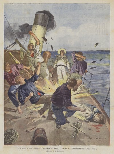 La explosión de una mina encontrada en el mar, a bordo del remolcador John Bull de Achille Beltrame