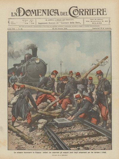 La huelga ferroviaria en Francia, soldados que remueven los obstáculos puestos por los huelguistas de Achille Beltrame