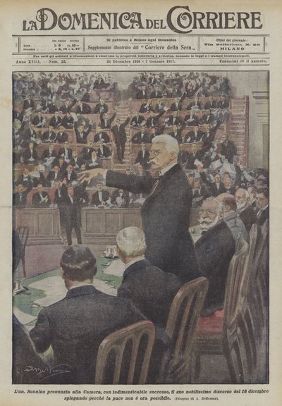 Sonnino pronuncia en la Cámara, con éxito inolvidable, su noble discurso de Achille Beltrame