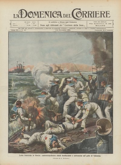 Lucha fratricida en Grecia, contratorpederos rebeldes bombardeados y sometidos en el golfo de Salamina de Achille Beltrame