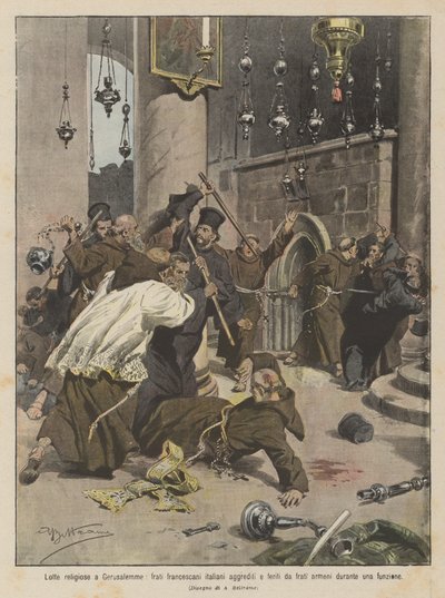 Luchas religiosas en Jerusalén, frailes franciscanos italianos agredidos y heridos por frailes armenios durante una función de Achille Beltrame