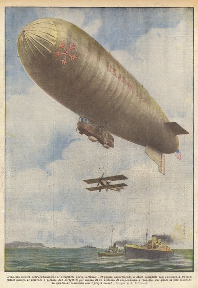 La última novedad de la aeronáutica, el dirigible porta-aviones de Achille Beltrame