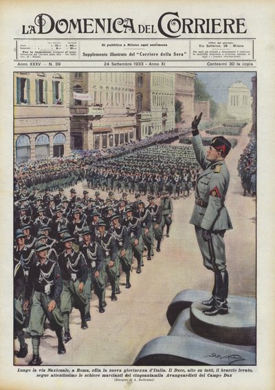 A lo largo de la Via Nazionale, en Roma, desfila la nueva juventud de Italia de Achille Beltrame
