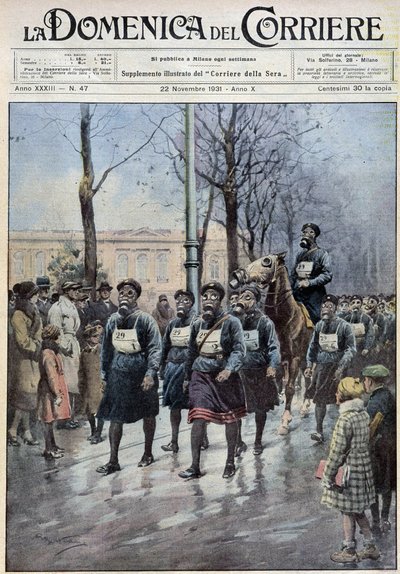 Marcha organizada en Varsovia para ejercitar a la población en el uso de máscaras de gas - dibujo de A. Beltrame, en “la Domenica del Corriere” del 22/11/1931 de Achille Beltrame