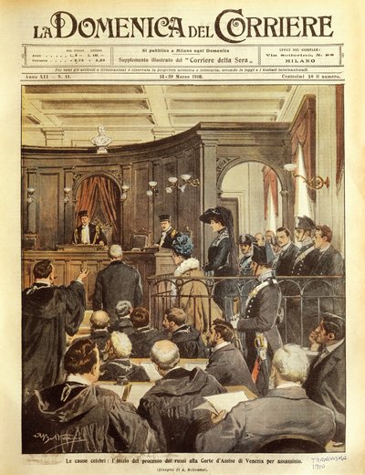 Maria Tarnowska en juicio en Venecia, por Achille Beltrame, ilustración, Ilustrador Achille Beltrame (1871-1945), de La Domenica del Corriere de Achille Beltrame