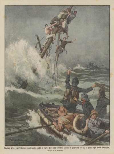 Marineros de un vapor inglés naufragado, rescatados tras una terrible agonía de cuarenta horas de Achille Beltrame