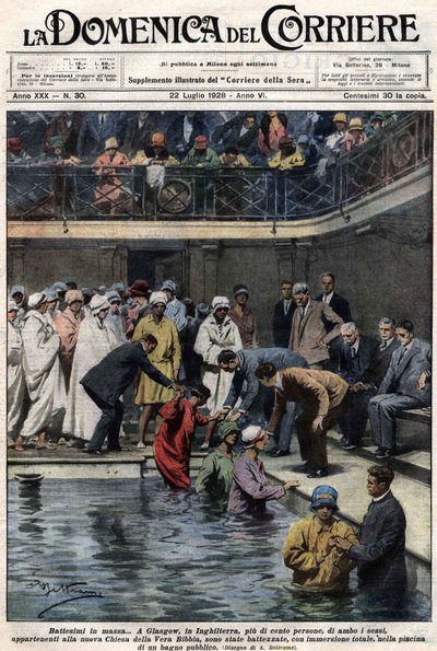 Bautismos masivos: En Glasgow, Escocia, más de cien personas, miembros de la nueva Iglesia de la Biblia Verdadera, fueron bautizadas en la piscina municipal. Ilustración de Beltrame. La Domenica del Corriere. 22/07/1928 de Achille Beltrame